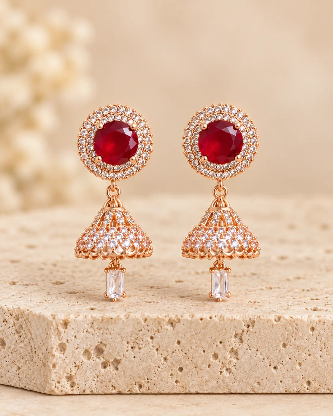 Red Stone Gold-Tone Jhumka Earrings with Crystal Details for Women