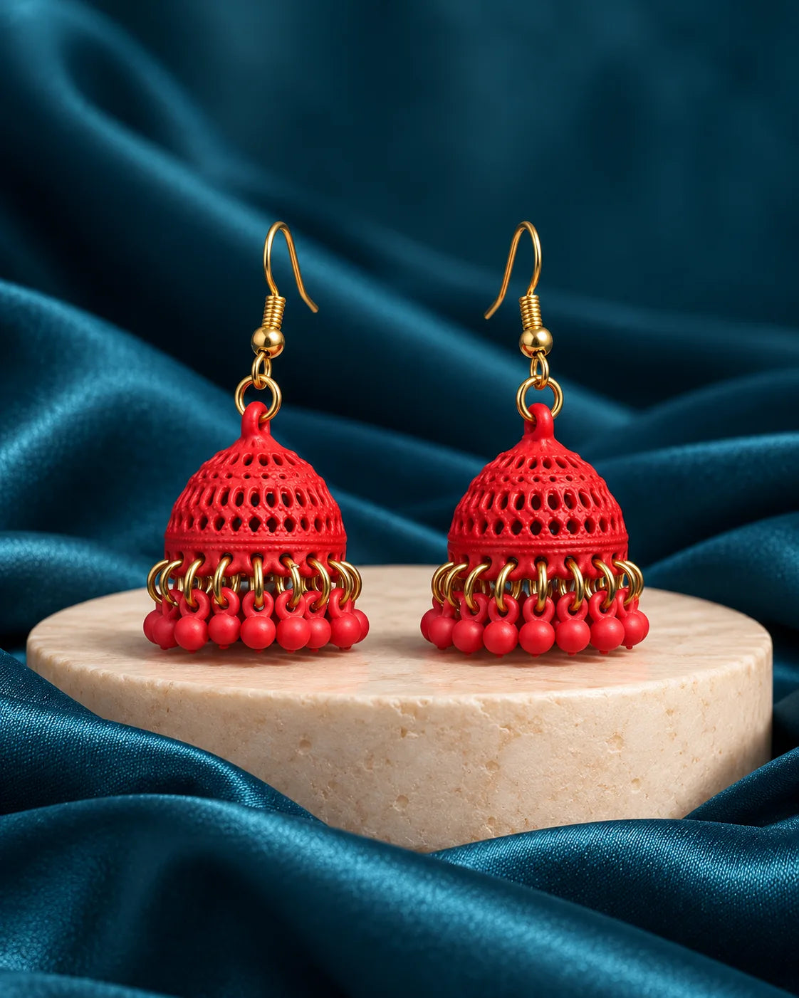Red Bell Dome Jhumka Earrings with Gold-Tone Bead Fringe