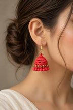 Red Bell Dome Jhumka Earrings with Gold-Tone Bead Fringe