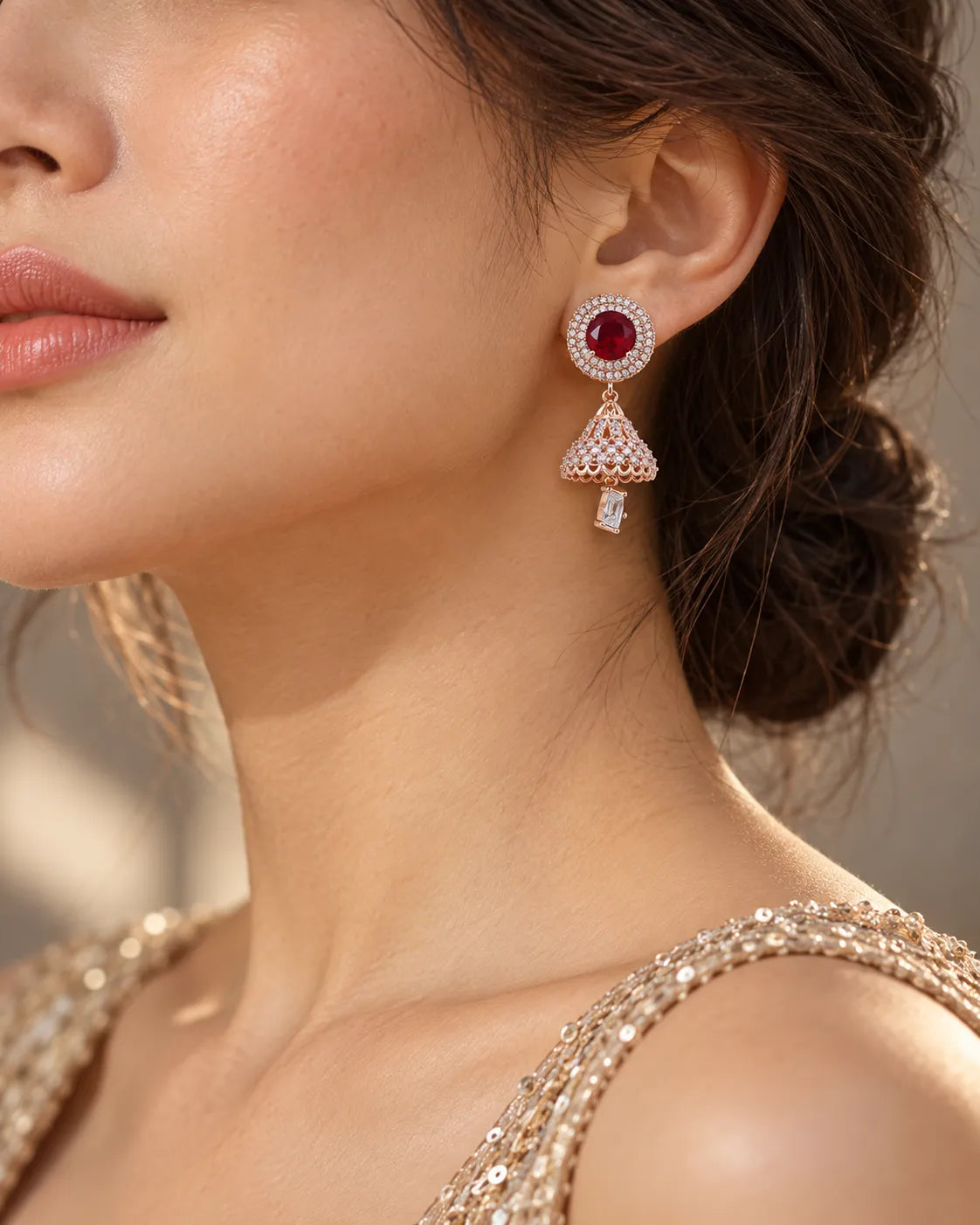 Red Stone Gold-Tone Jhumka Earrings with Crystal Details for Women