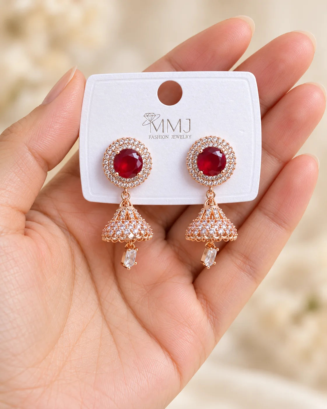 Red Stone Gold-Tone Jhumka Earrings with Crystal Details for Women