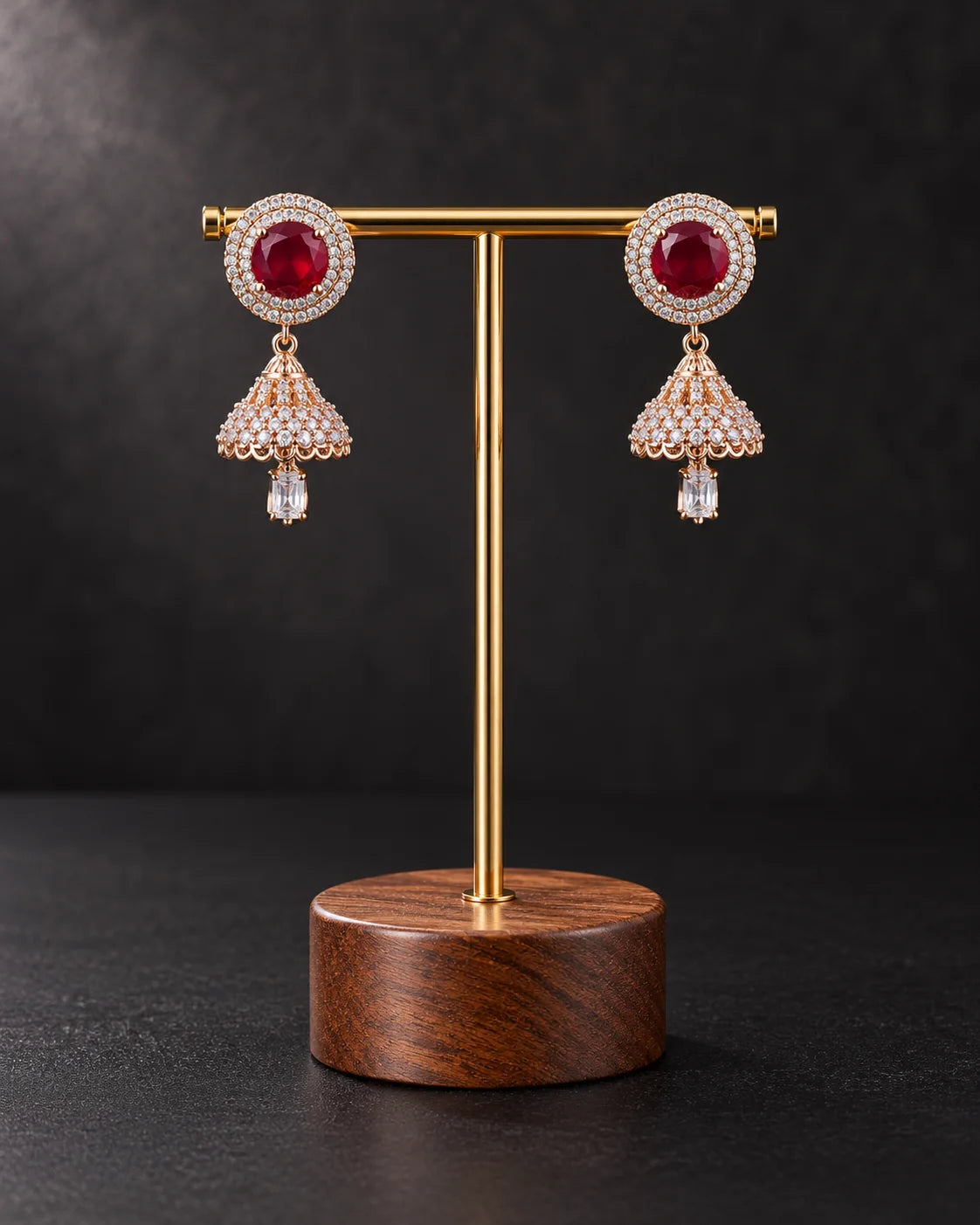 Red Stone Gold-Tone Jhumka Earrings with Crystal Details for Women