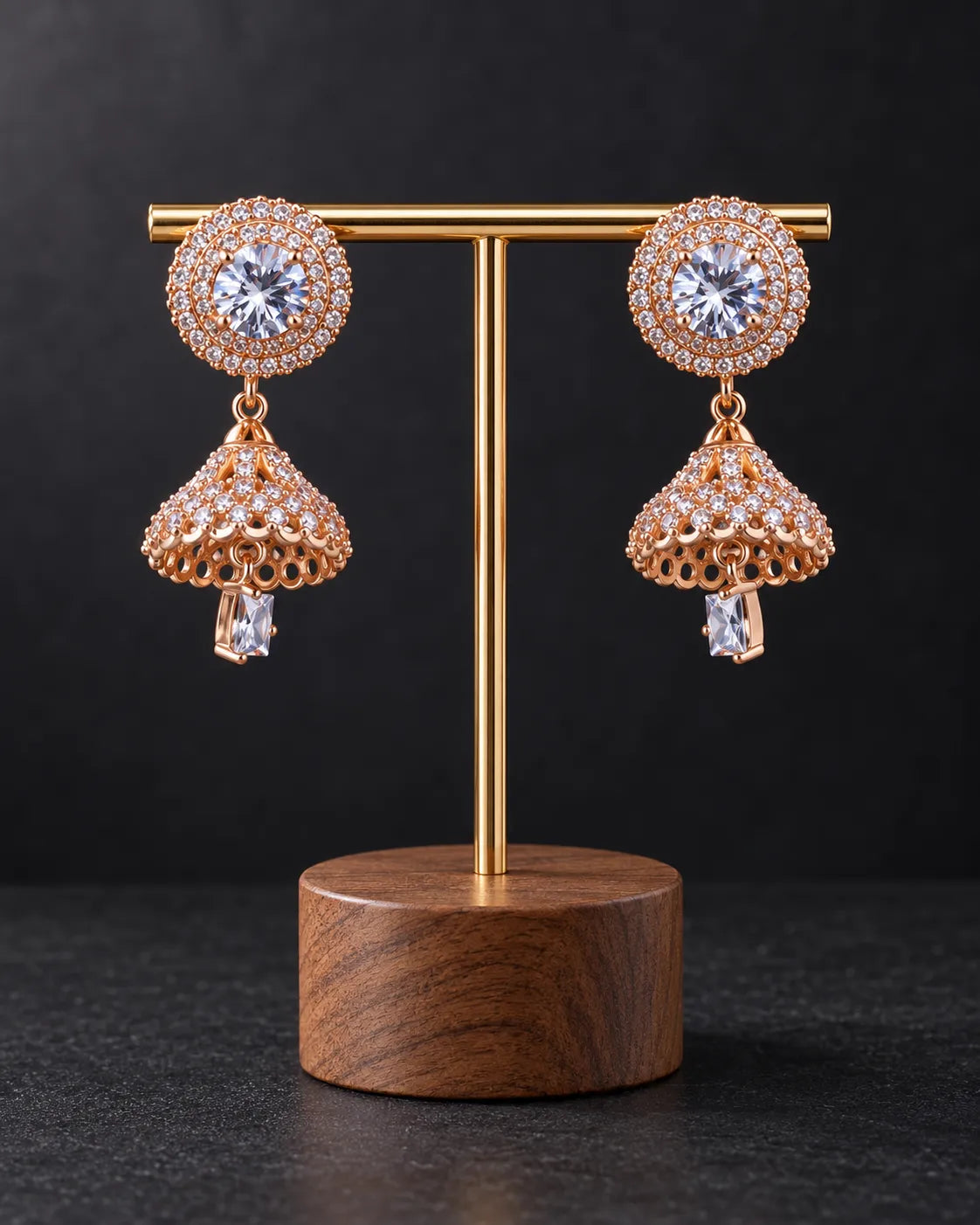 Rose Gold-Tone Crystal Jhumka Earrings with Round Halo Studs