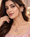 Rose Gold Halo Crystal Pendant Necklace Set with Matching Stud Earrings