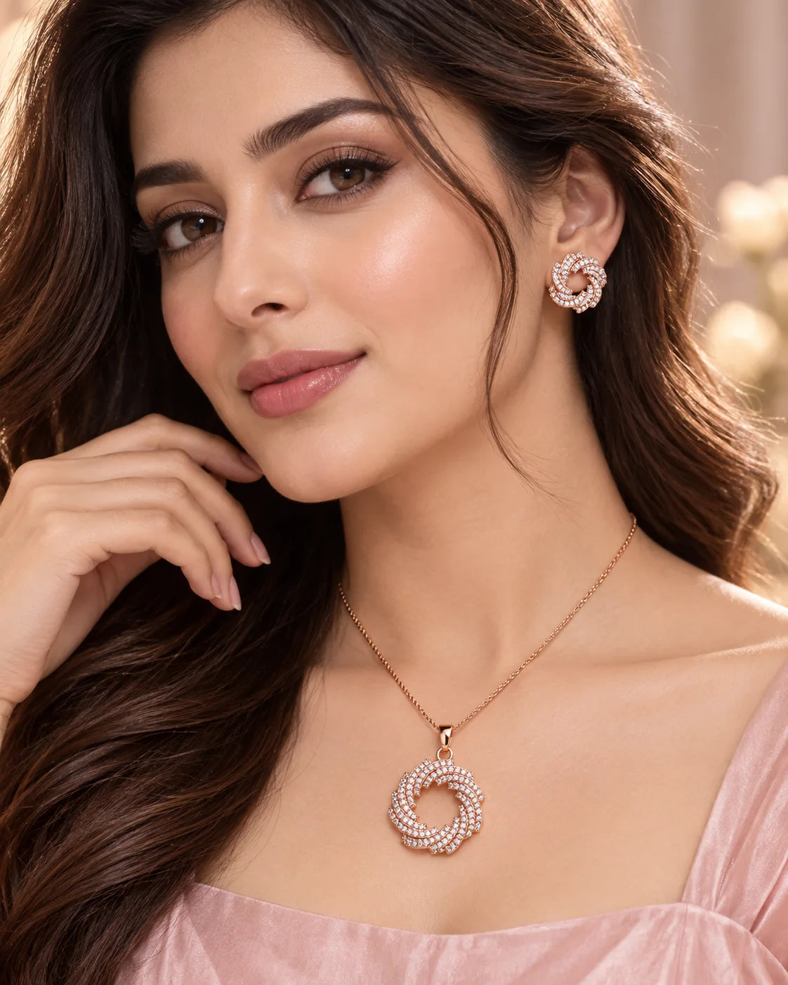 Rose Gold Halo Crystal Pendant Necklace Set with Matching Stud Earrings