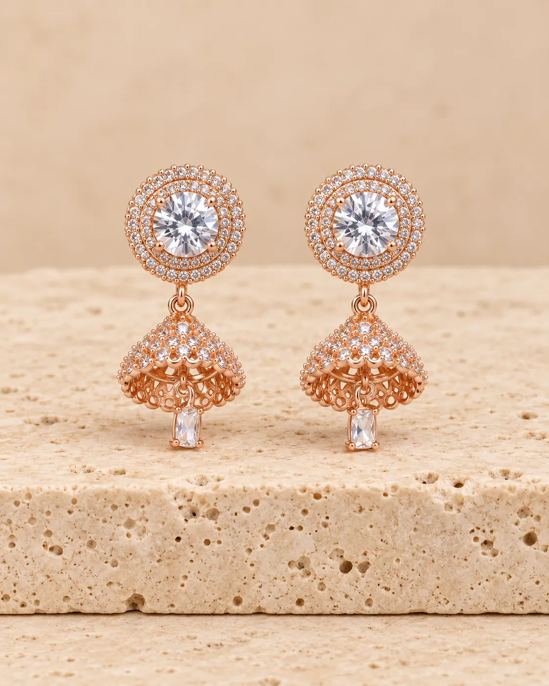 Rose Gold-Tone Crystal Jhumka Earrings with Round Halo Studs
