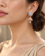 Rose Gold-Tone Crystal Jhumka Earrings with Round Halo Studs