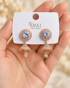 Rose Gold-Tone Crystal Jhumka Earrings with Round Halo Studs