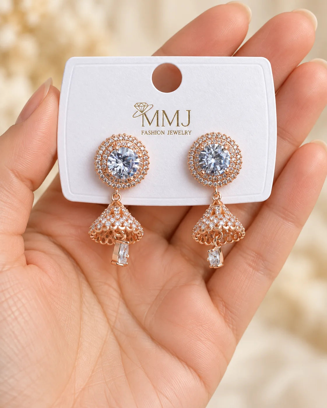 Rose Gold-Tone Crystal Jhumka Earrings with Round Halo Studs