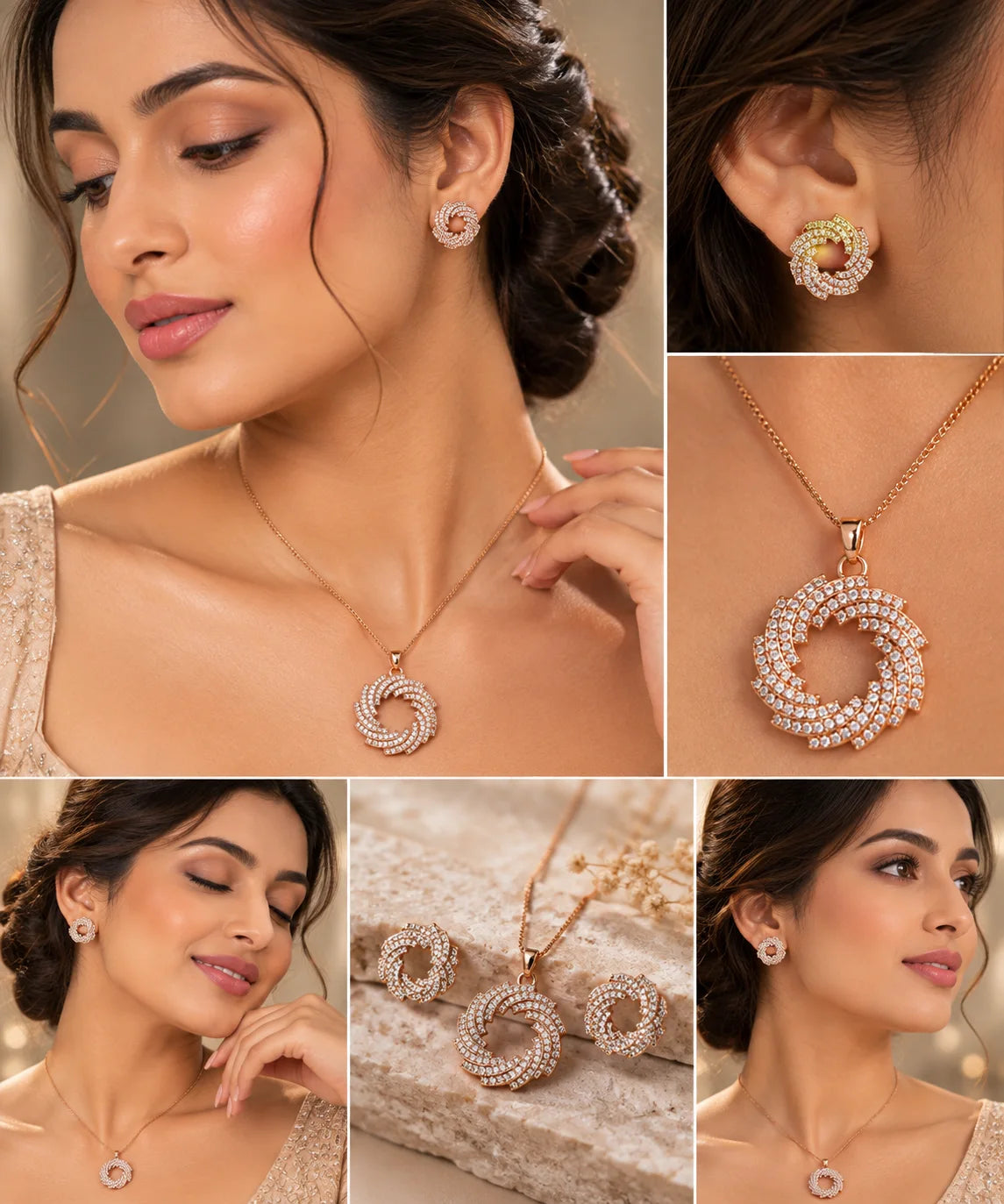 Rose Gold Halo Crystal Pendant Necklace Set with Matching Stud Earrings