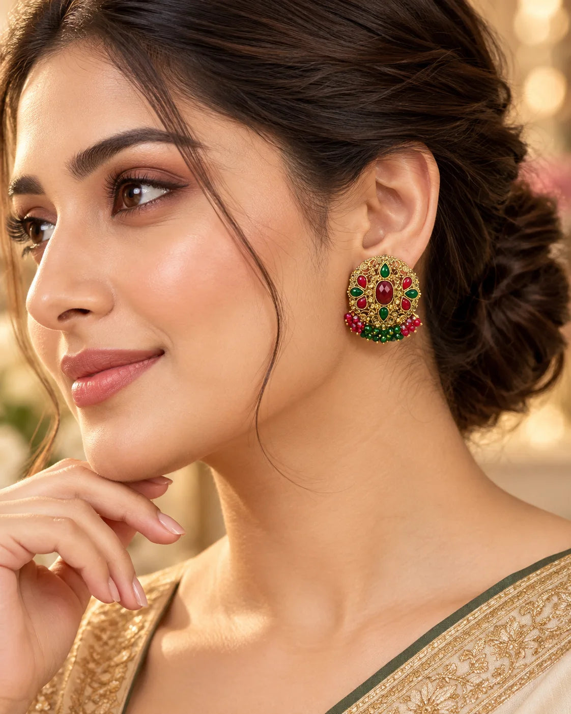 Ruby Red & Emerald Green Kundan-Style Gold-Tone Statement Earrings