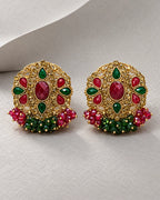 Ruby Red & Emerald Green Kundan-Style Gold-Tone Statement Earrings