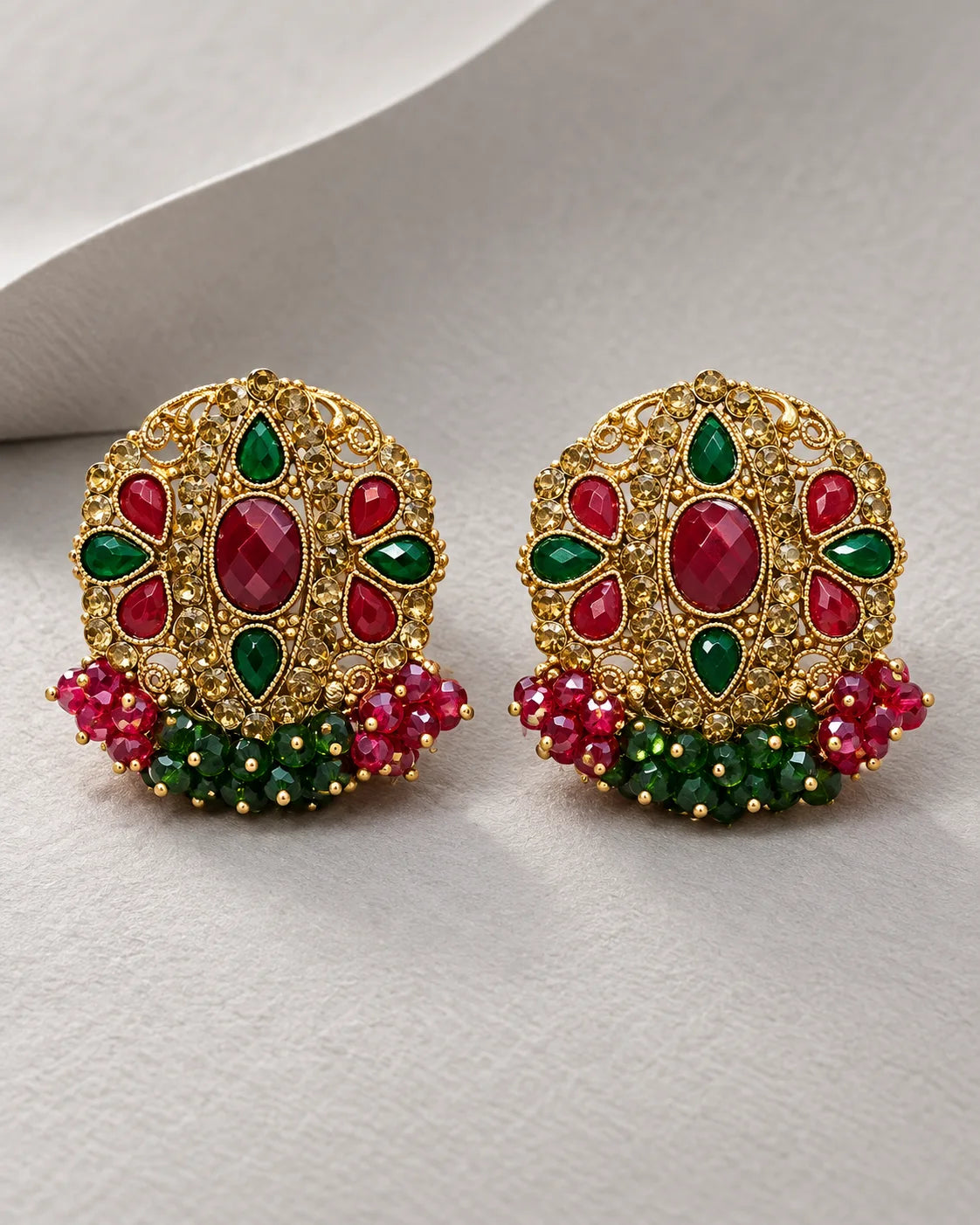 Ruby Red & Emerald Green Kundan-Style Gold-Tone Statement Earrings