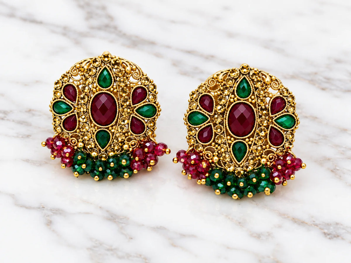 Ruby Red & Emerald Green Kundan-Style Gold-Tone Statement Earrings