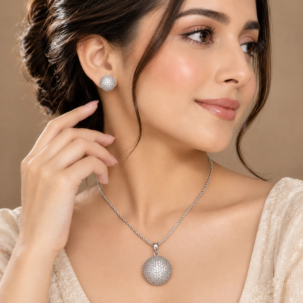 Silver crystal sphere necklace and earrings