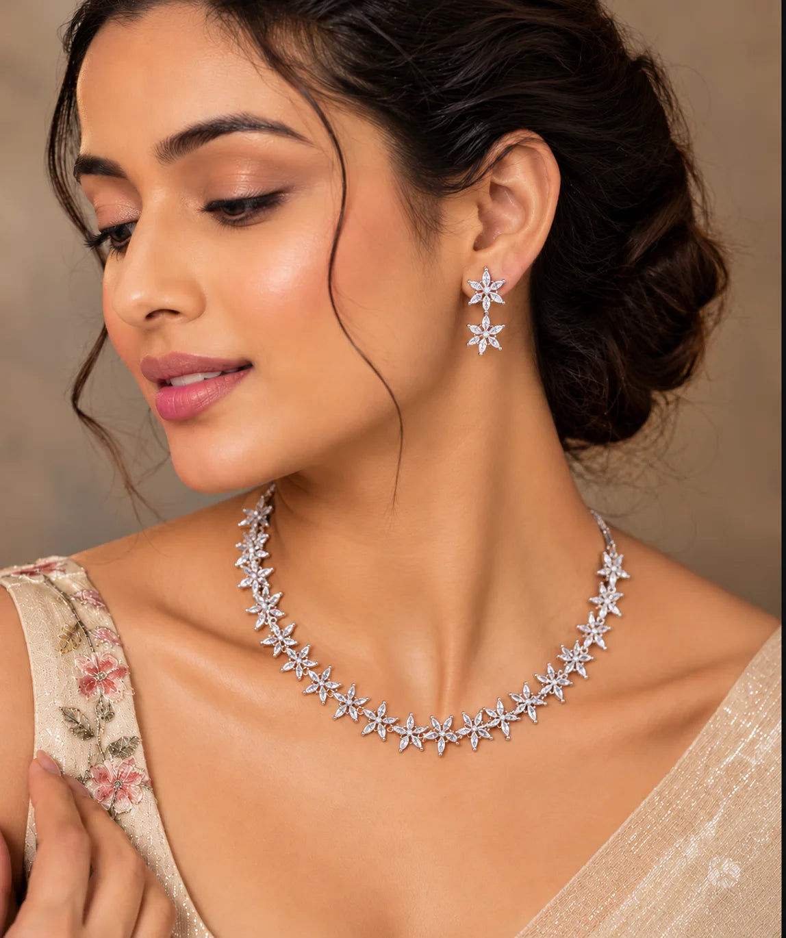 Silver Floral Crystal Necklace Set with Matching Drop Earrings