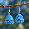 Sky Blue Dome Jhumka Earrings with Matching Bead Fringe