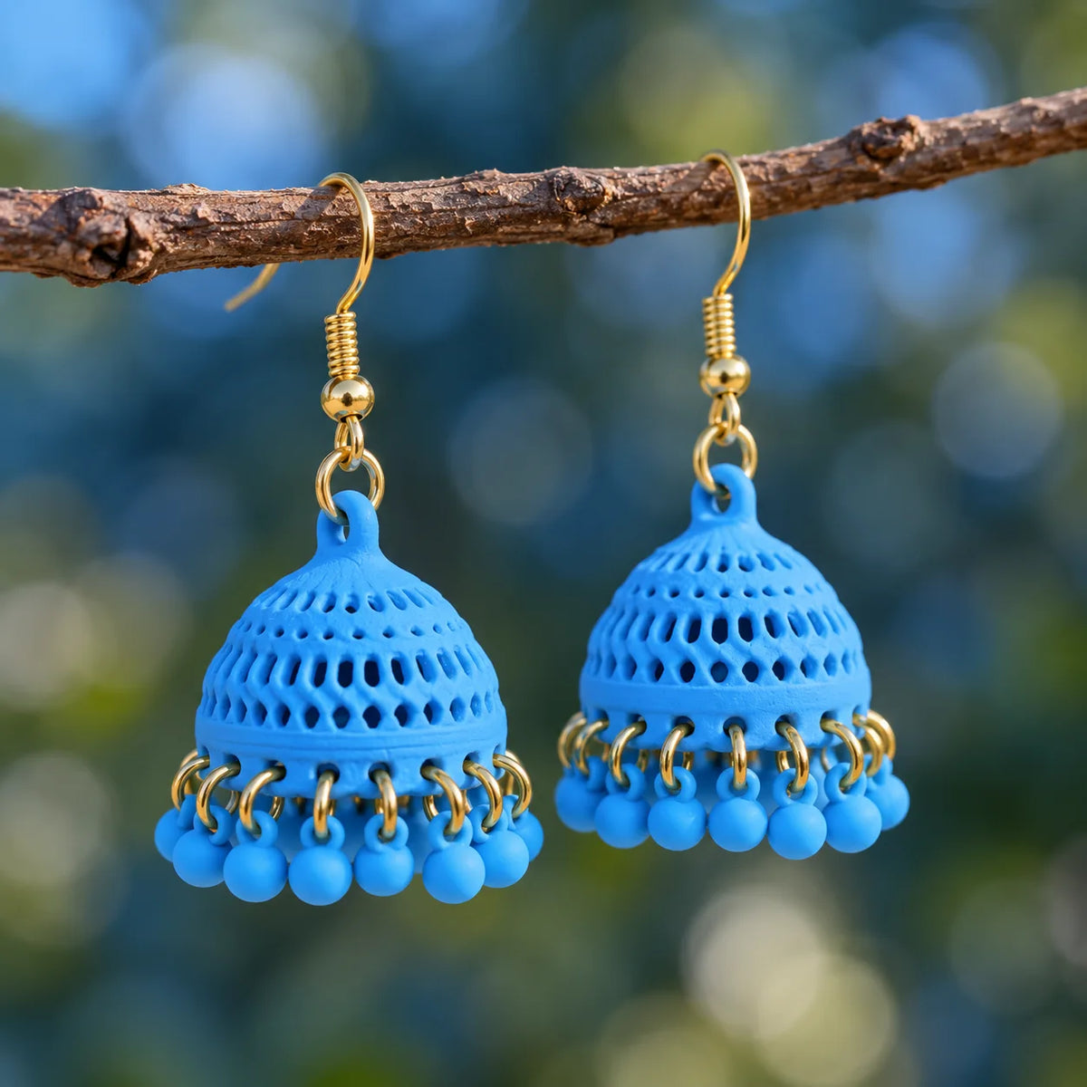 Sky Blue Dome Jhumka Earrings with Matching Bead Fringe
