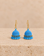 Sky Blue Dome Jhumka Earrings with Matching Bead Fringe