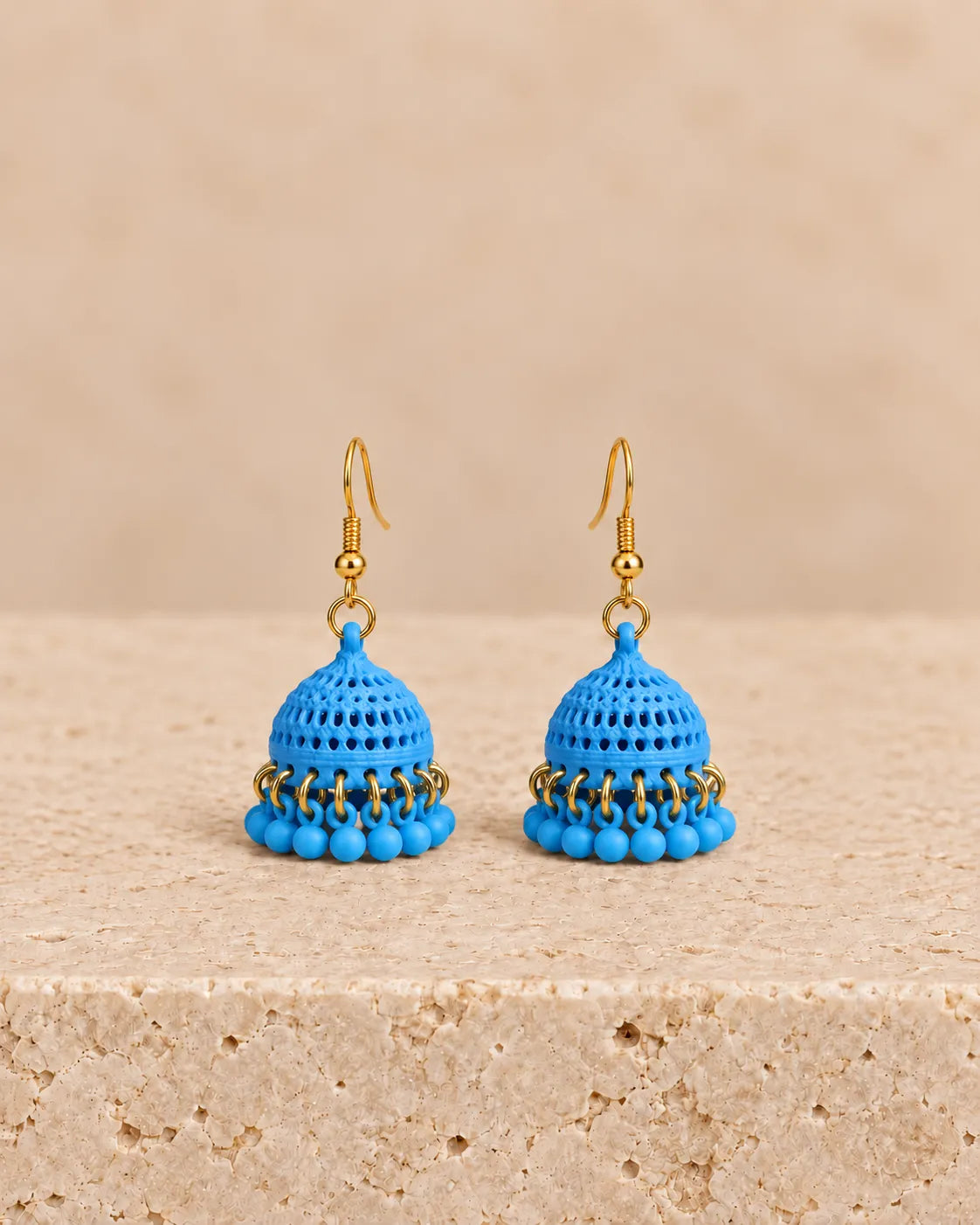 Sky Blue Dome Jhumka Earrings with Matching Bead Fringe