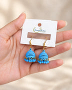 Sky Blue Dome Jhumka Earrings with Matching Bead Fringe