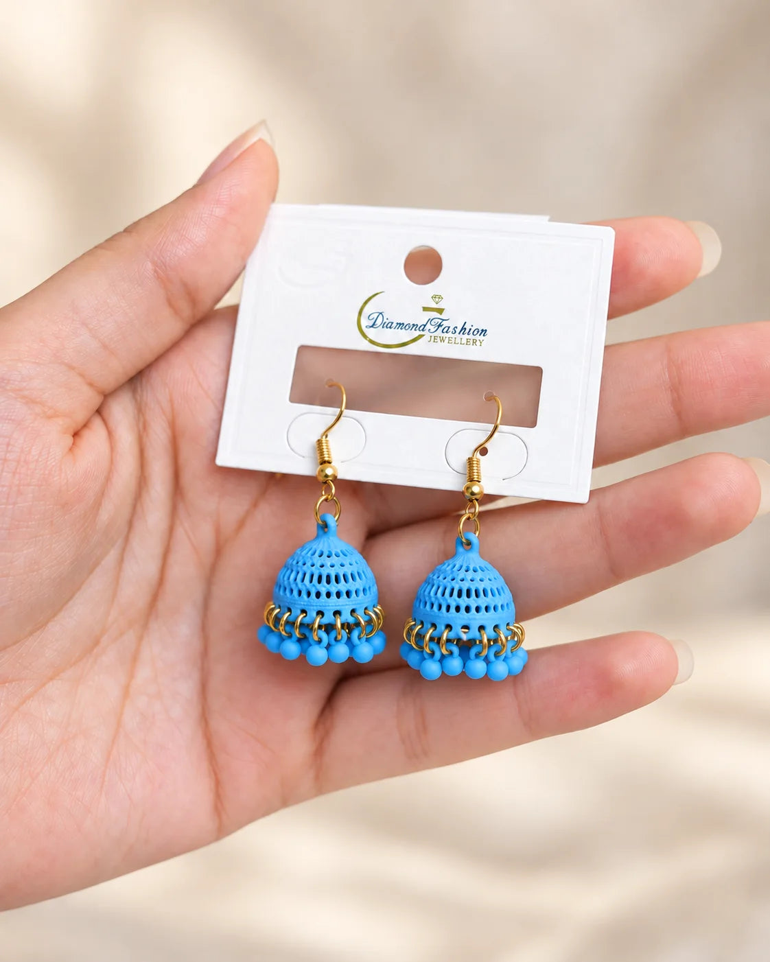 Sky Blue Dome Jhumka Earrings with Matching Bead Fringe