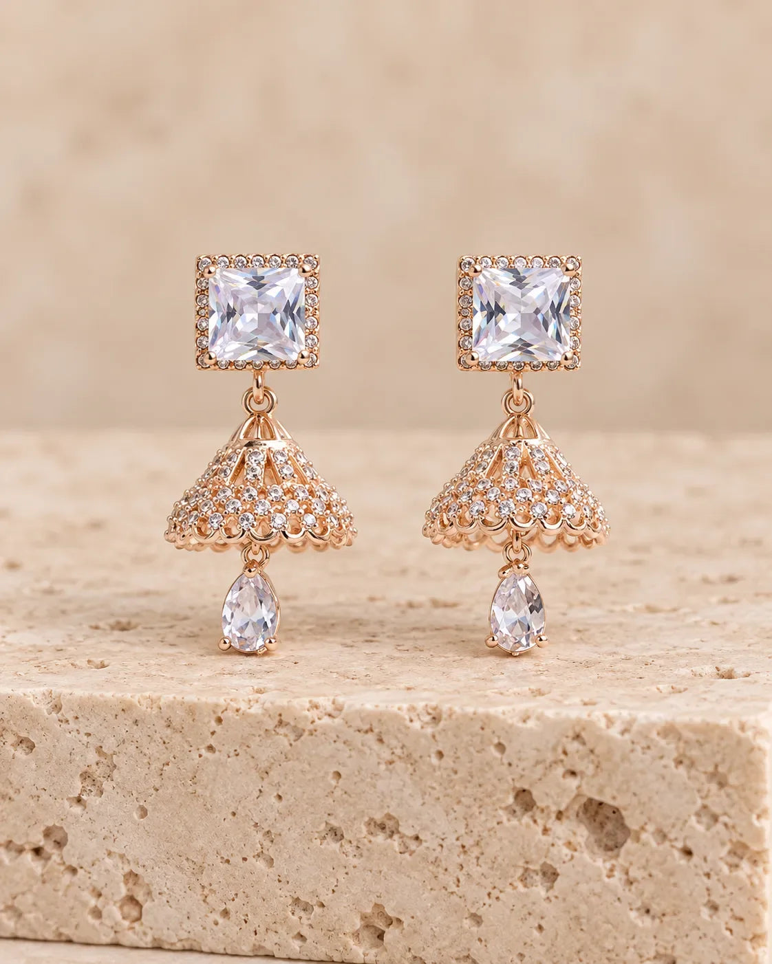 Square Crystal Gold-Tone Jhumka Earrings with Teardrop Charm