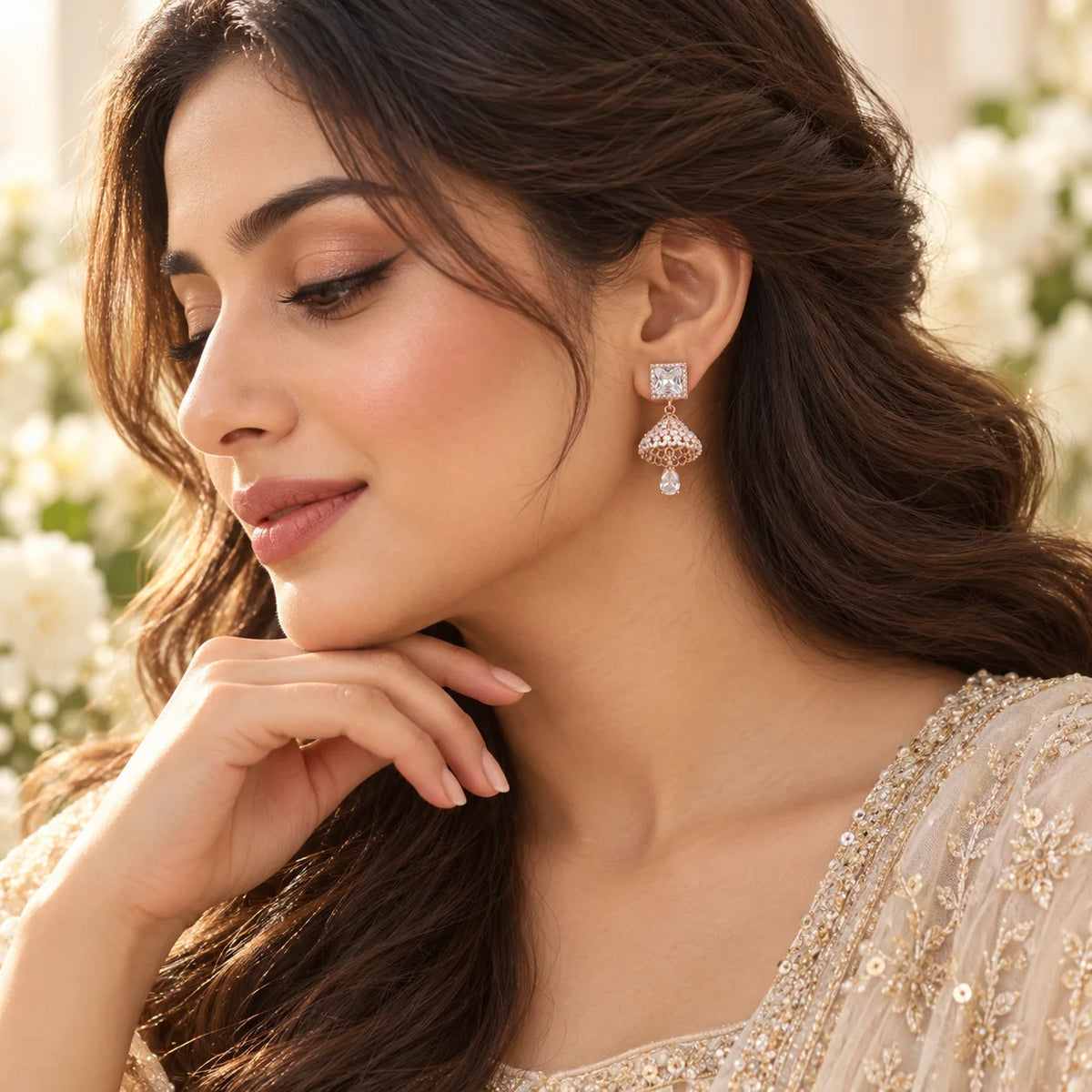 Square Crystal Gold-Tone Jhumka Earrings with Teardrop Charm