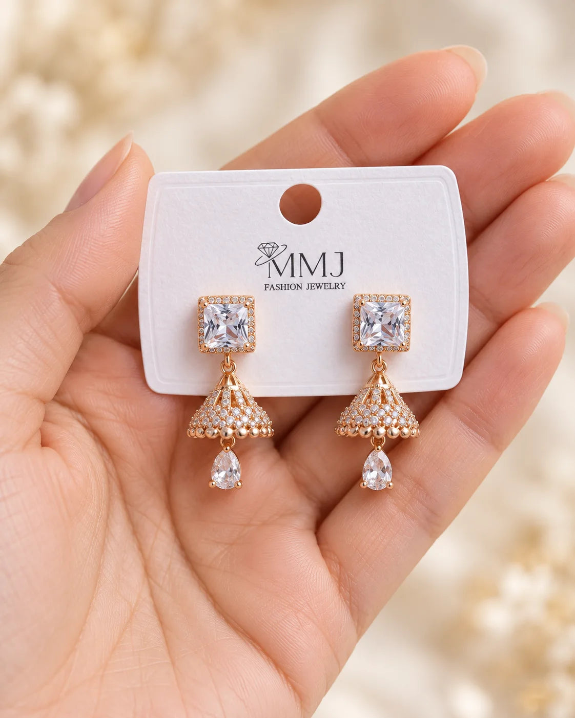 Square Crystal Gold-Tone Jhumka Earrings with Teardrop Charm