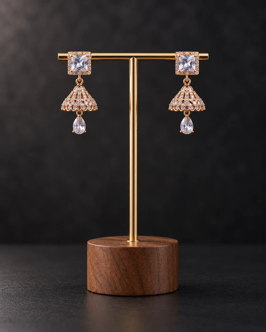 Square Crystal Gold-Tone Jhumka Earrings with Teardrop Charm