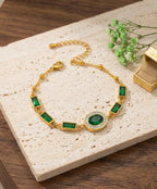 Emerald Green Link Bracelet for Women – Gold-Tone Geometric Chain Bracelet