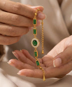 Emerald Green Link Bracelet for Women – Gold-Tone Geometric Chain Bracelet