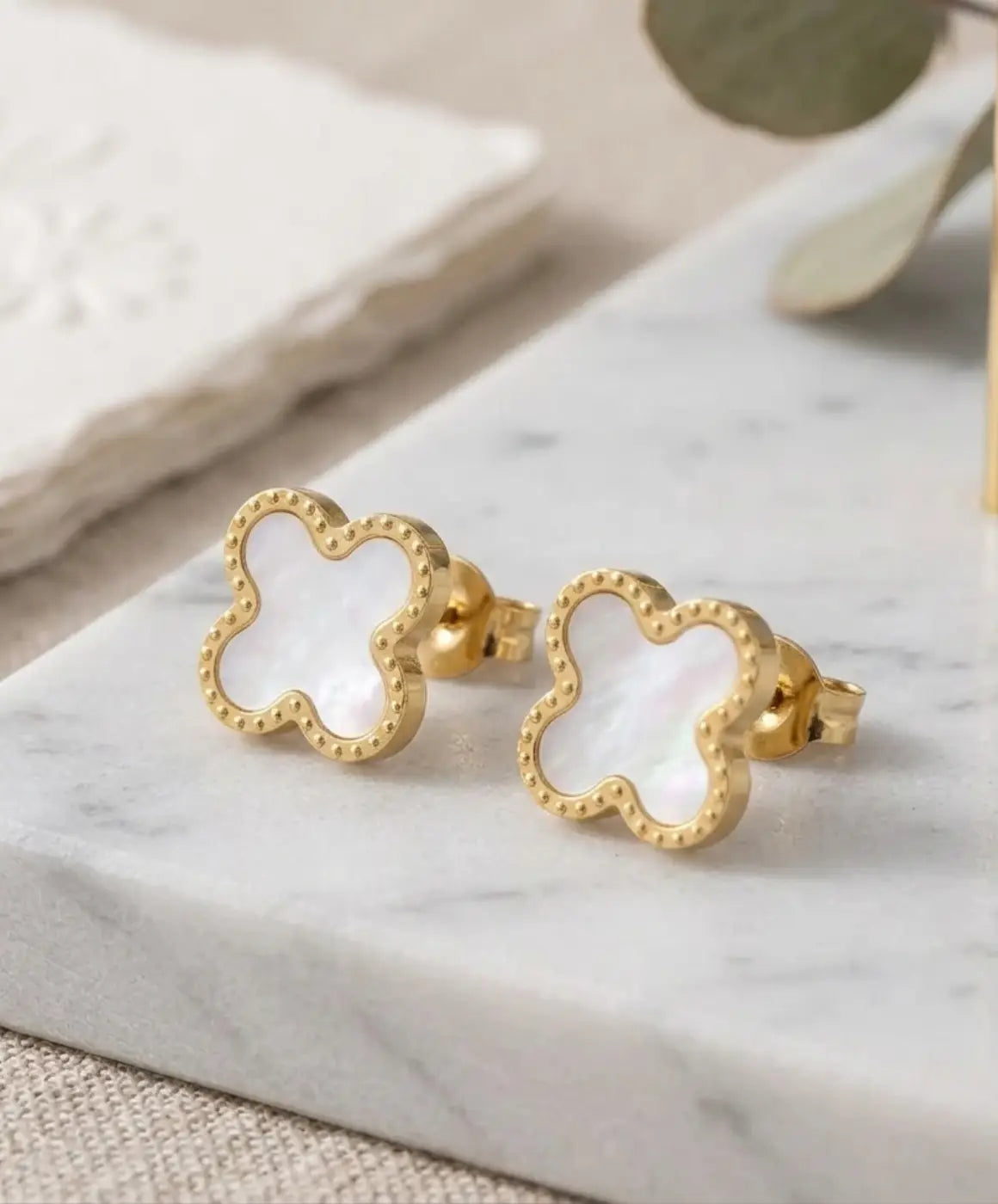 White Clover Earrings – Elegant Gold-Tone Clover Stud Earrings