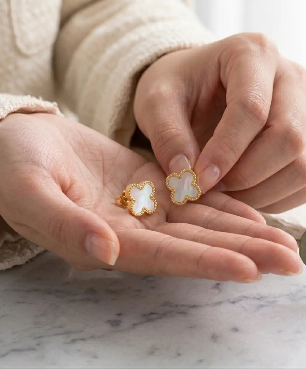 White Clover Earrings – Elegant Gold-Tone Clover Stud Earrings