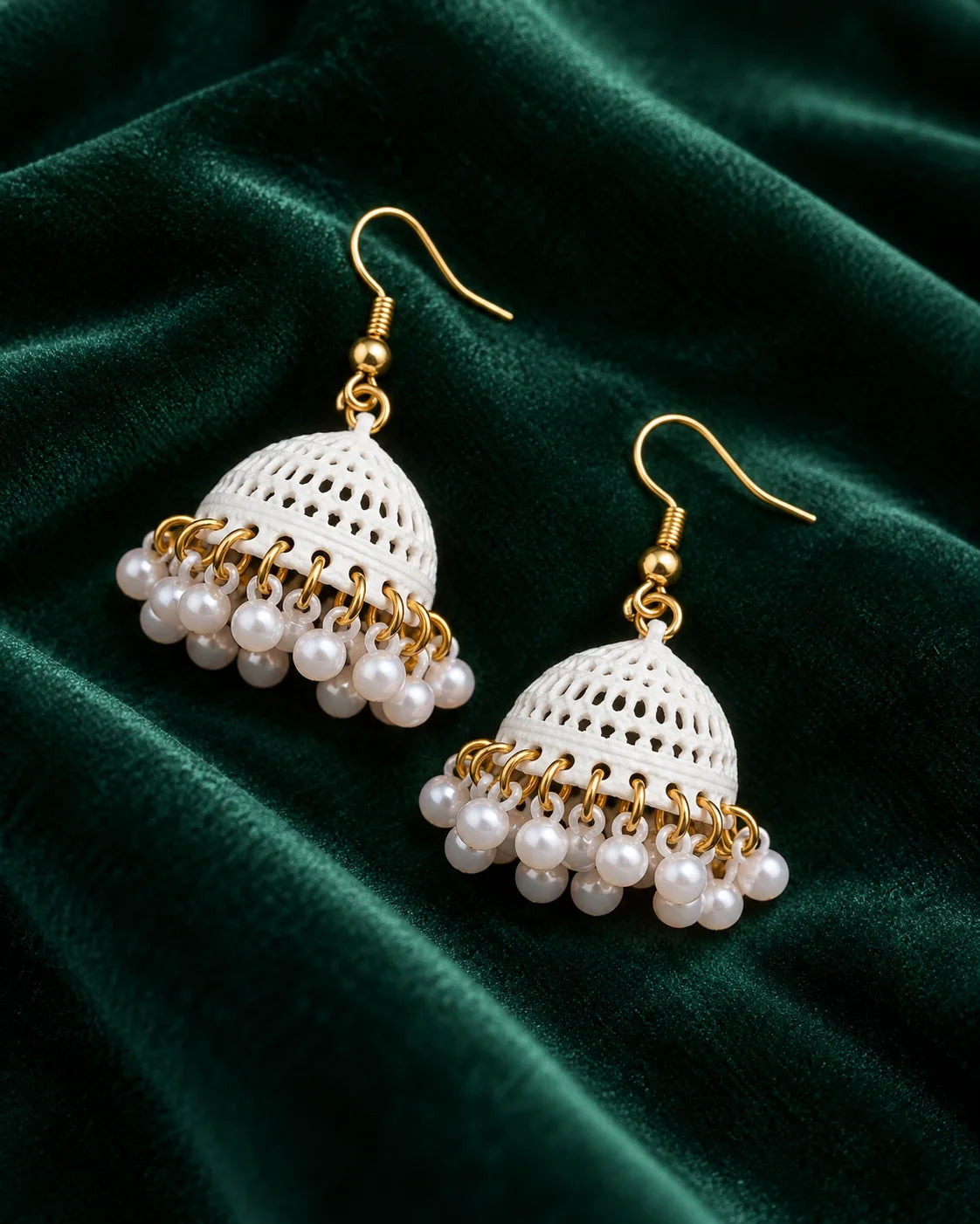 White Dome Jhumki Earrings with Pearl Bead Detailing for Women