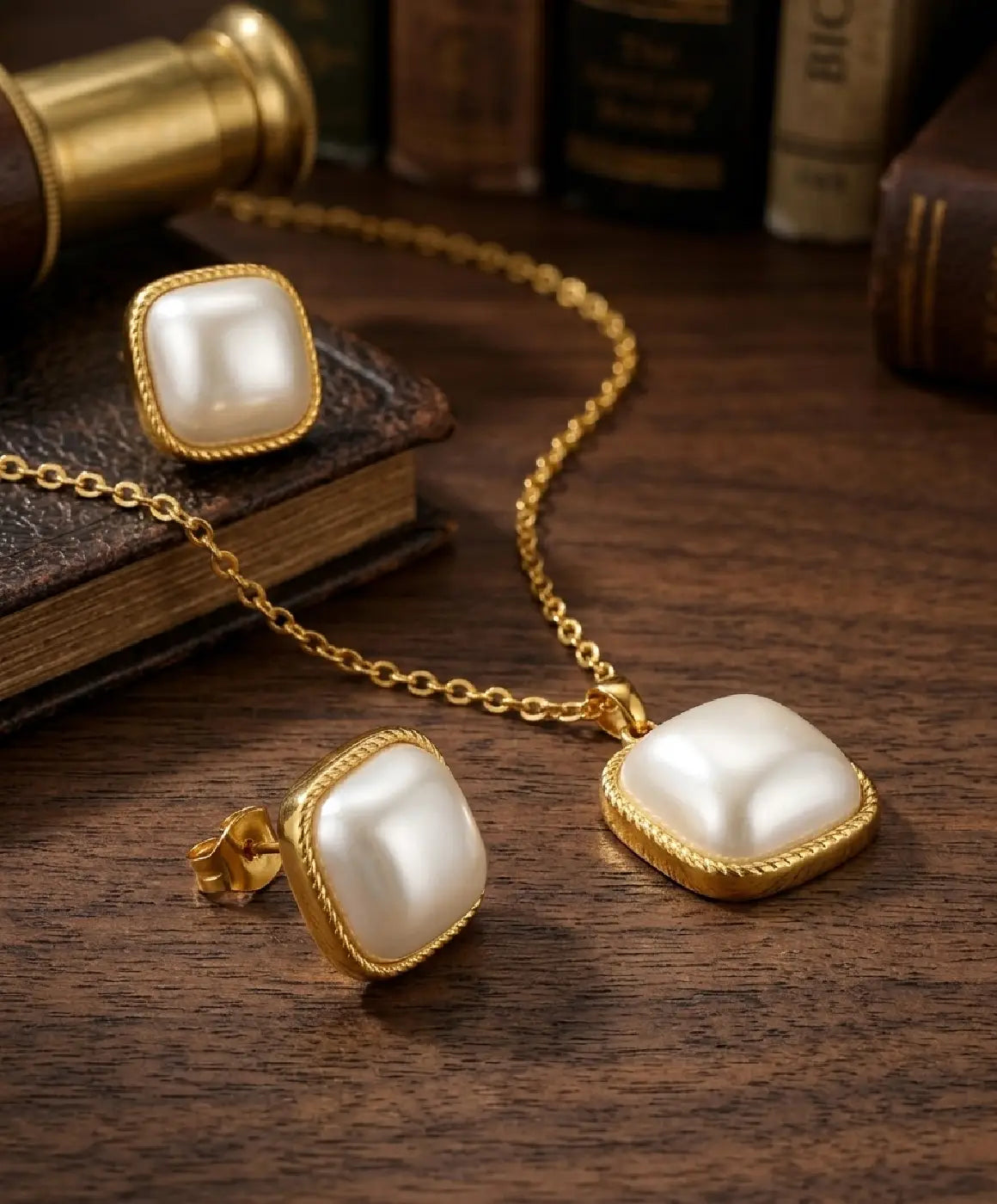 White Pearl Pendant Necklace and Earrings Set for Women – Gold-Tone Jewelry