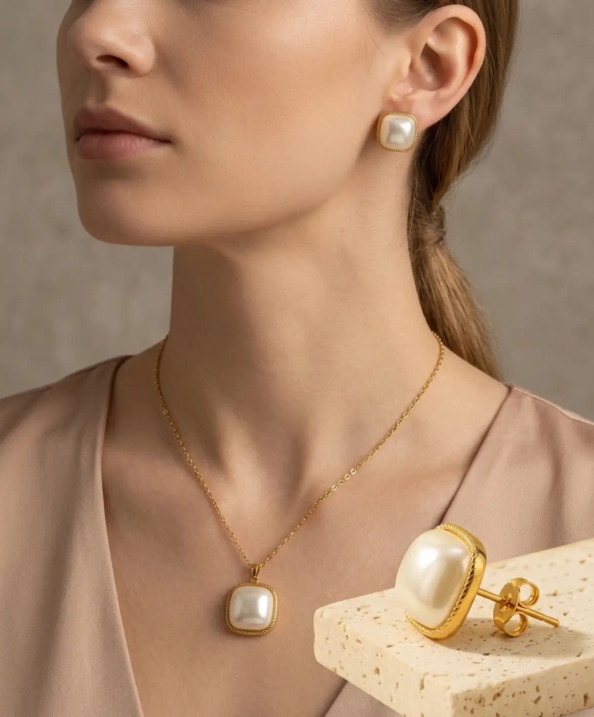 White Pearl Pendant Necklace and Earrings Set for Women – Gold-Tone Jewelry