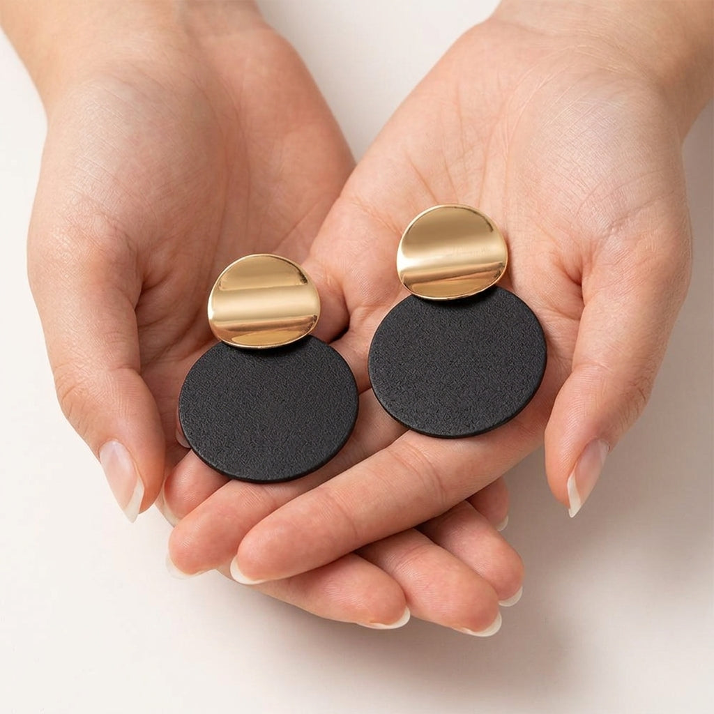 Black and Gold Round Statement Earrings for Women