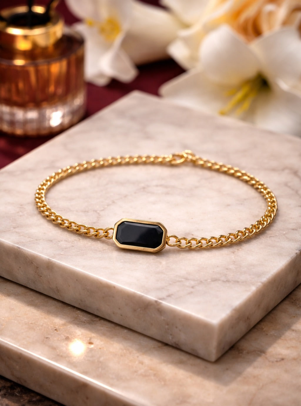 Black Stone Gold Chain Bracelet for Women