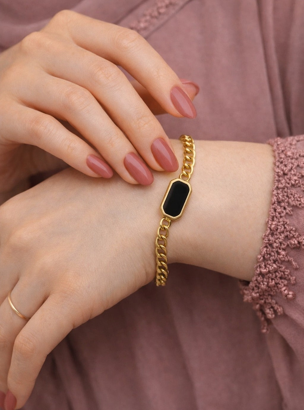 Black Stone Gold Chain Bracelet for Women