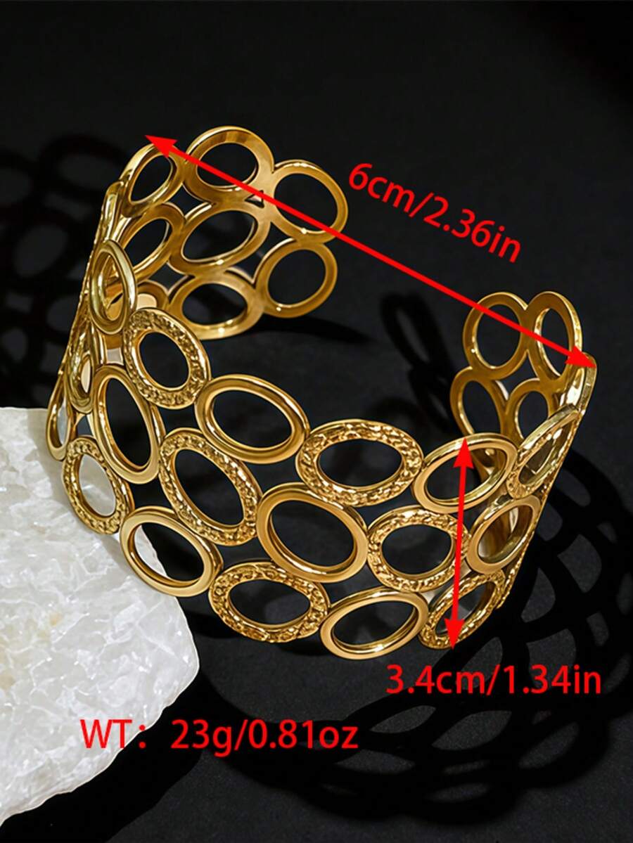 1pc Geometric Circle Versatile Open Bangle Bracelet, Fashionable Gold Stainless Steel Wide Cuff Bracelet For