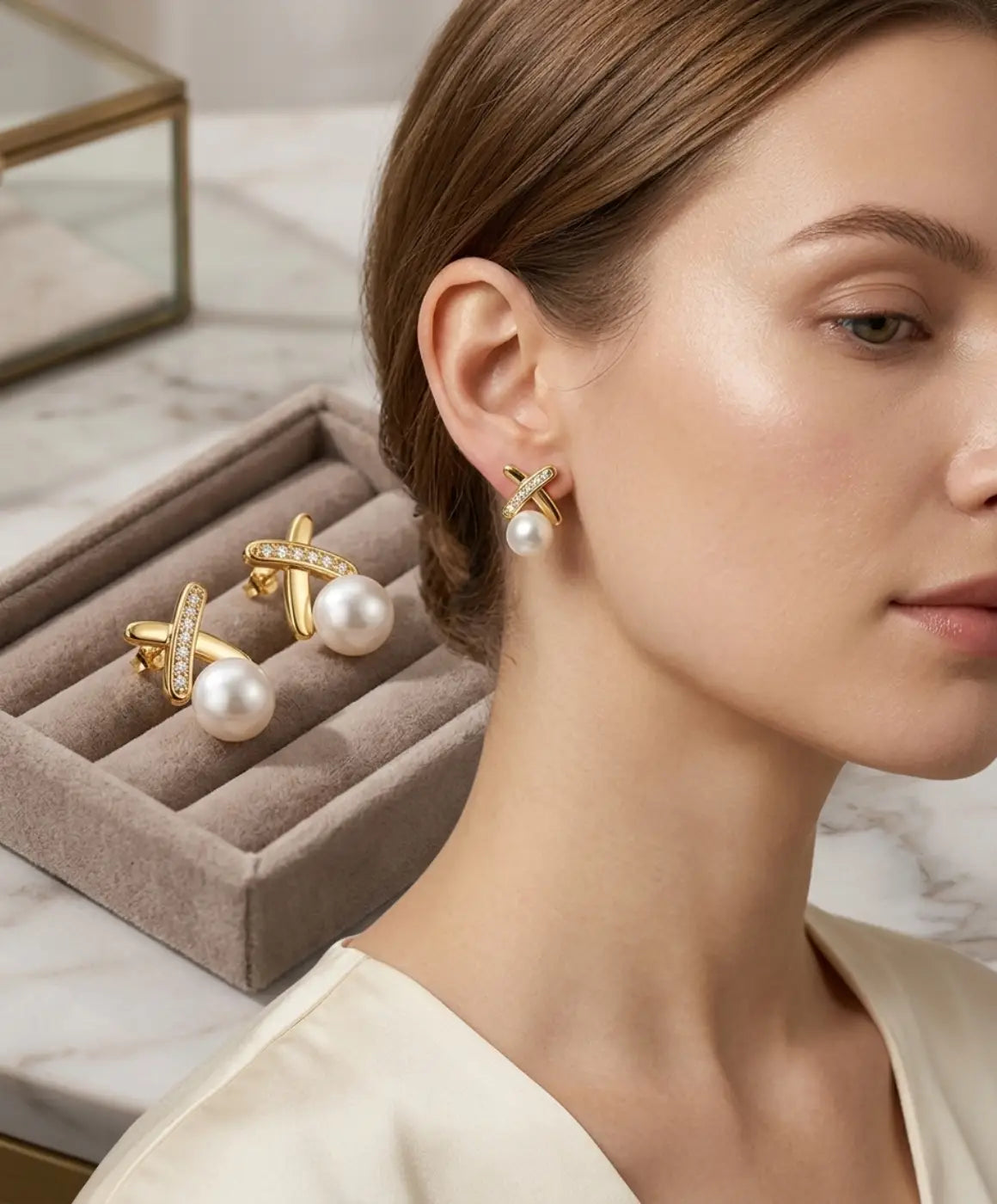 Gold-Tone Pearl Drop Earrings for Women – Crystal Cross Design
