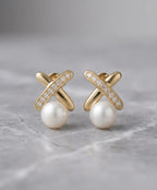 Gold-Tone Pearl Drop Earrings for Women – Crystal Cross Design