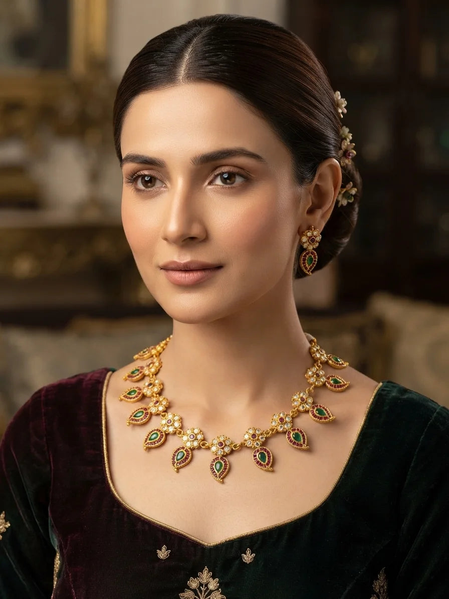 Green And Maroon rajwadi Jewellery Necklace Set in pakistan