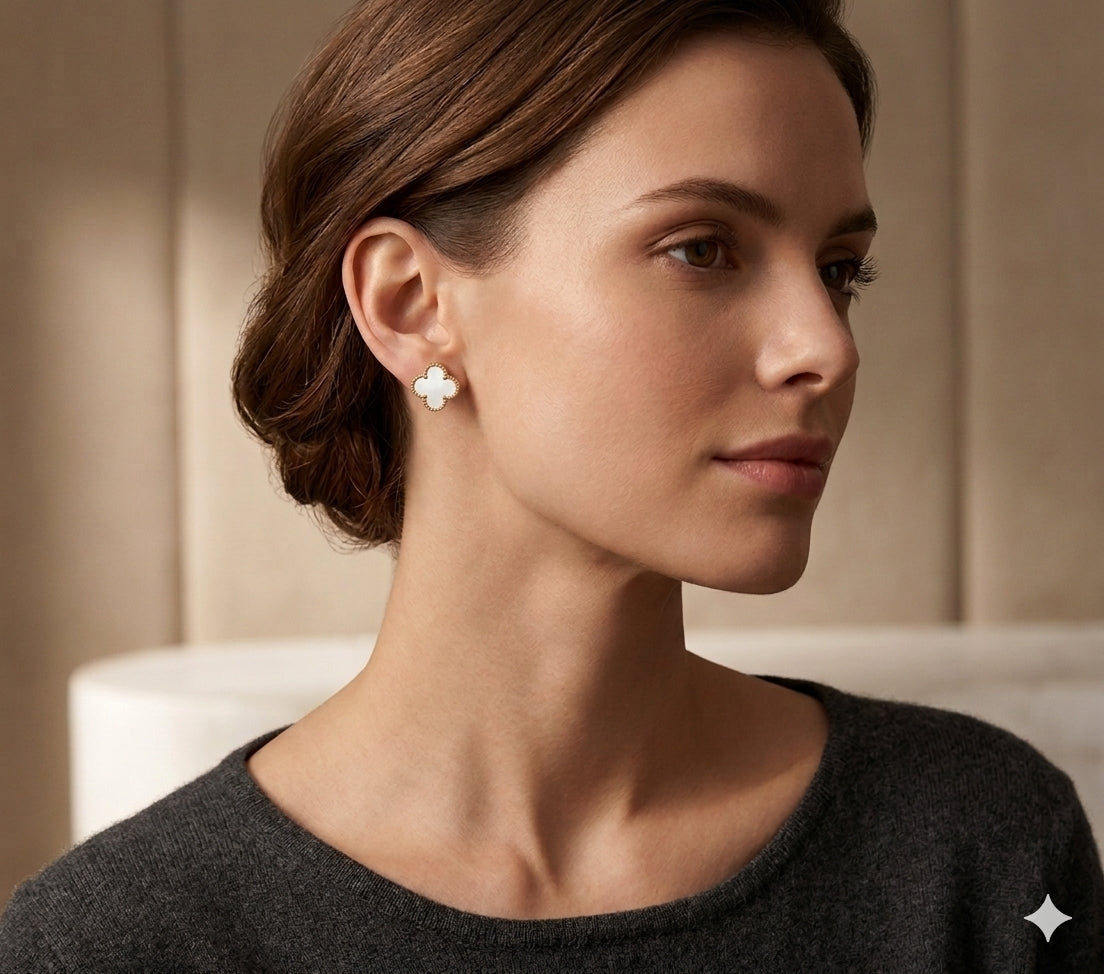 White Clover Earrings – Elegant Gold-Tone Clover Stud Earrings