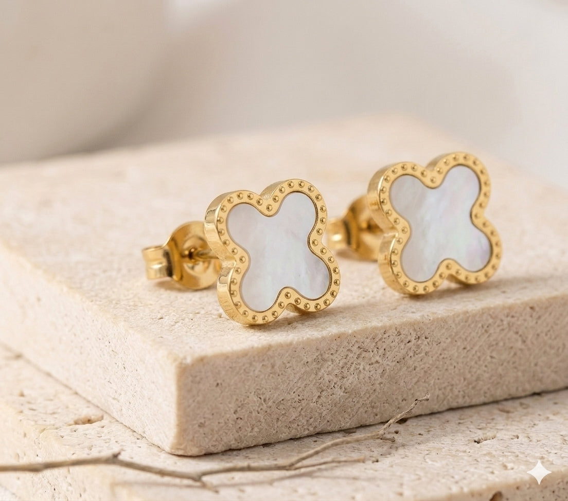 White Clover Earrings – Elegant Gold-Tone Clover Stud Earrings