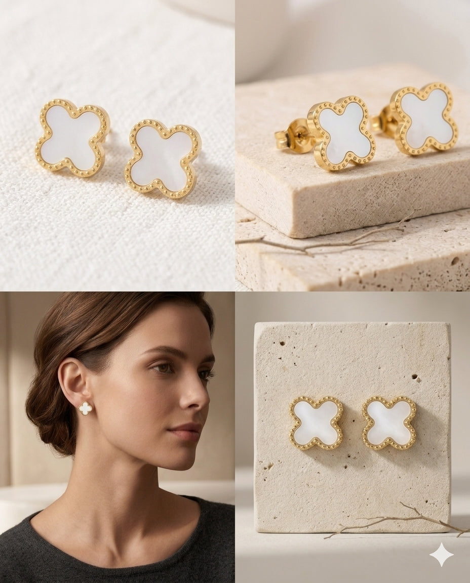 White Clover Earrings – Elegant Gold-Tone Clover Stud Earrings
