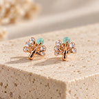 Rose Gold Tree Stud Earrings with Mint Green & Crystal Accents