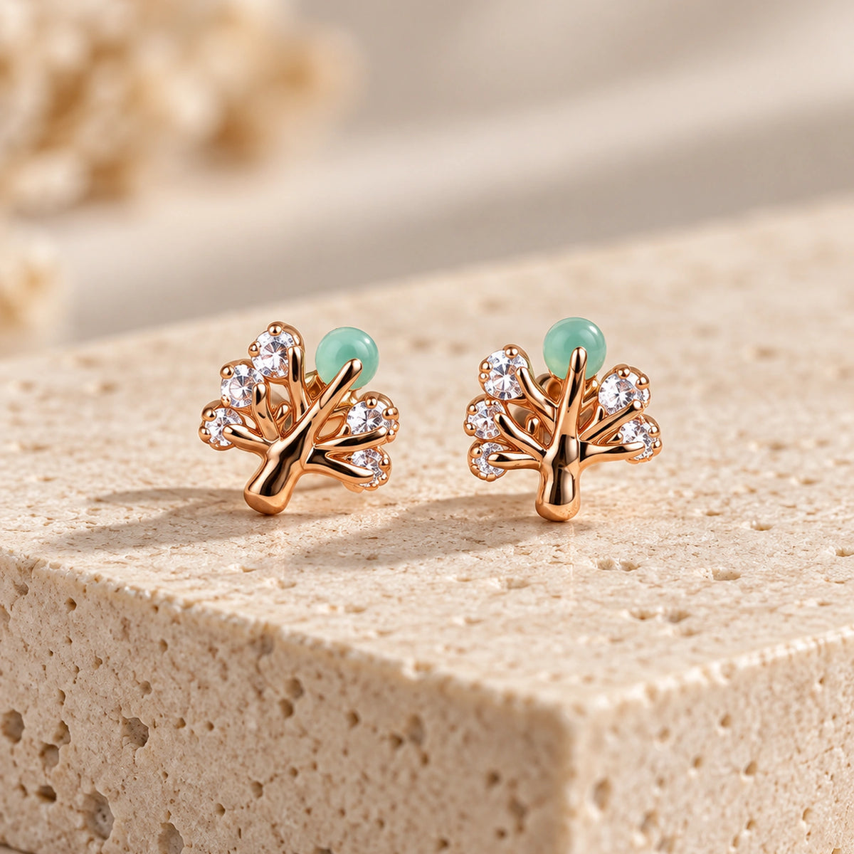 Rose Gold Tree Stud Earrings with Mint Green & Crystal Accents