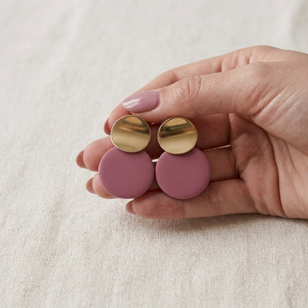 Pink and Gold Round Drop Earrings for Women – Elegant Fashion Jewelry